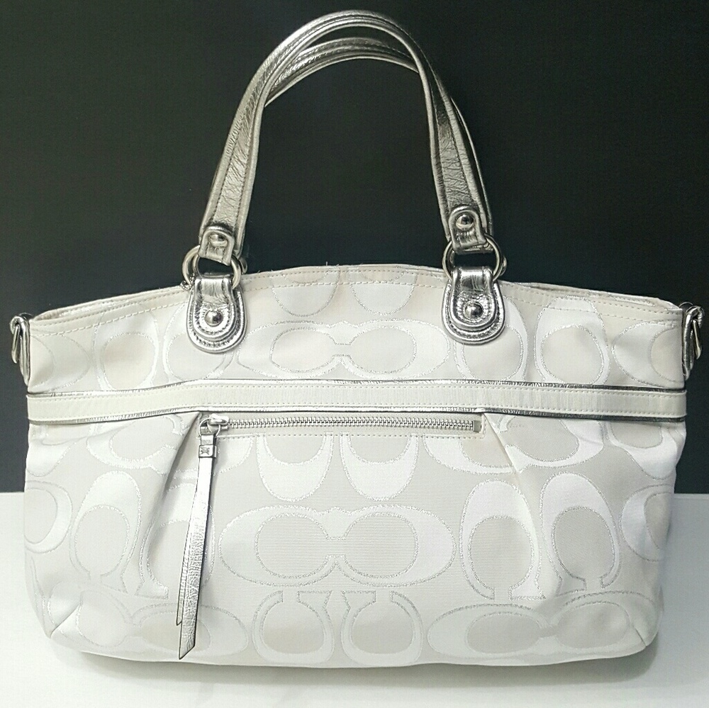 Poppy Coach Ivory Monogram Silver Crossbody Saddle